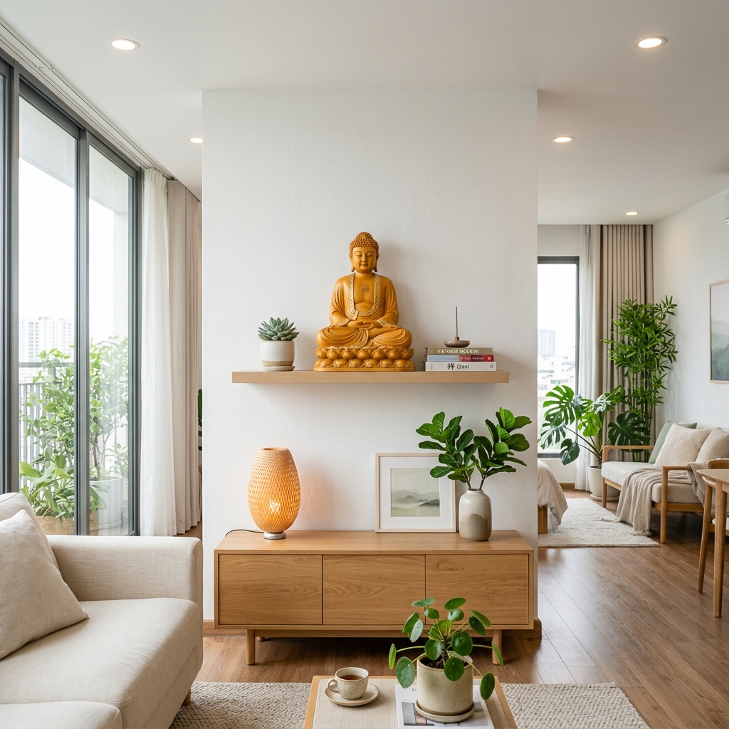 Tượng Phật gỗ hài hòa không gian sống