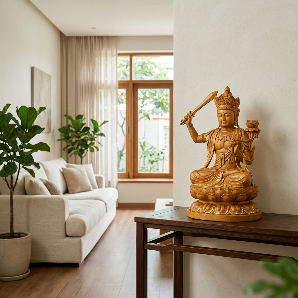 Tượng Phật khắc gỗ trong không gian sống