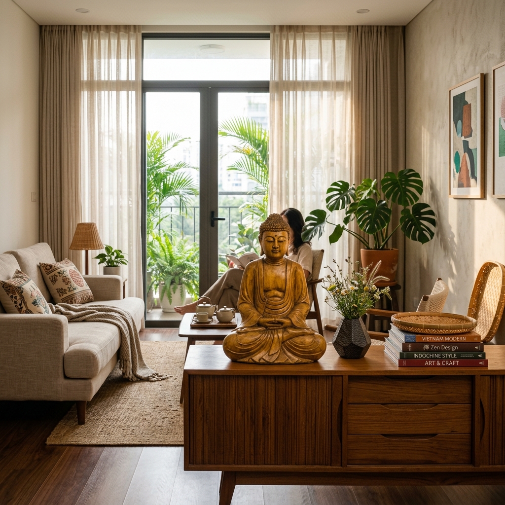 Tượng Phật khắc gỗ trong phòng khách